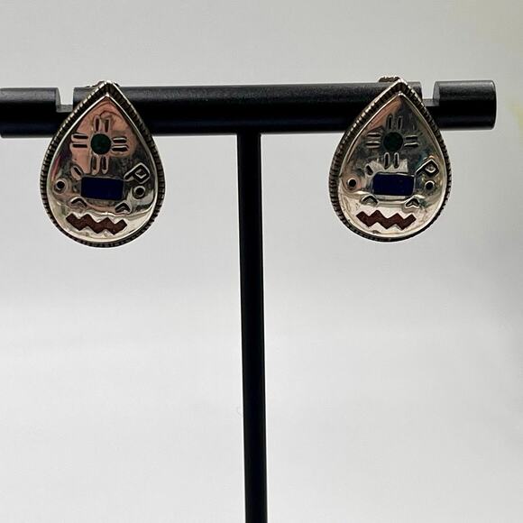Carolyn Pollack Sterling Silver Inlaid Coral Lapis Lazuli‎ Malachite Earrings - Picture 2 of 10